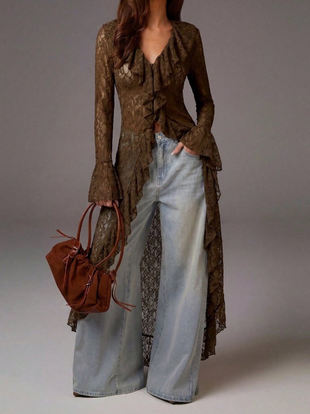 Coffee Brown Elegant Women's Sheer Ruffle Long Dress